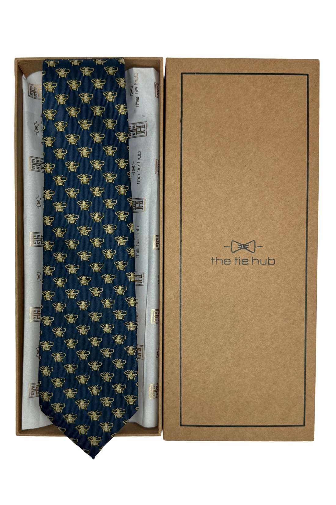 Navy Blue Bee Motif Necktie with Classic Pattern