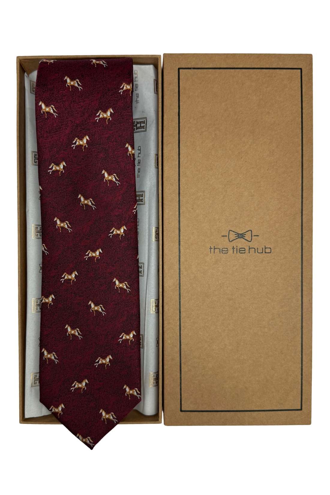 Burgundy Horse Motif Silk Necktie with 100% Silk