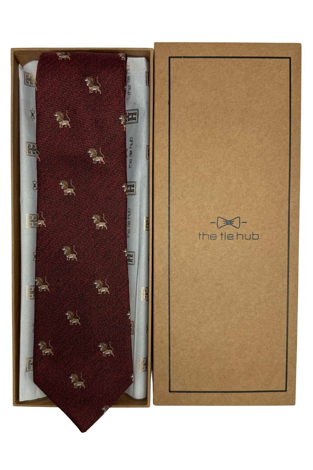 Burgundy Lion Motif Silk Necktie
