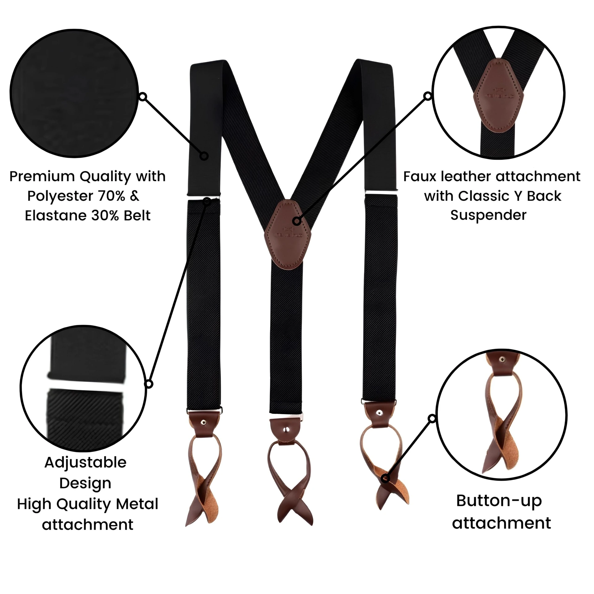 Gentry Black Elasticated Suspender With Brown Leatherette Fitting-Button up Style