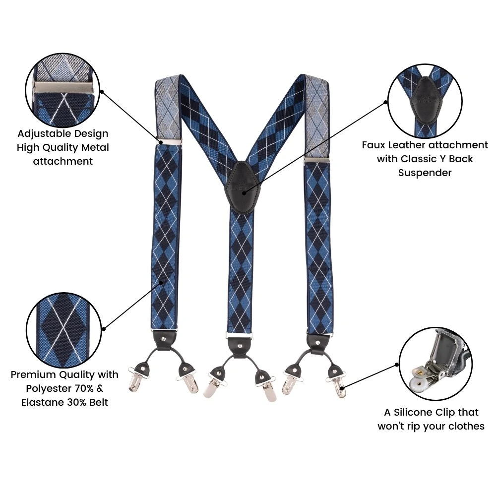 Diamond Tip Blue Y Back Clip On Suspender