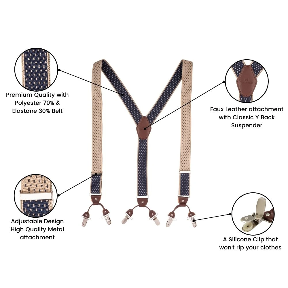 Navy Blue with Brown Y back Suspender with clipons