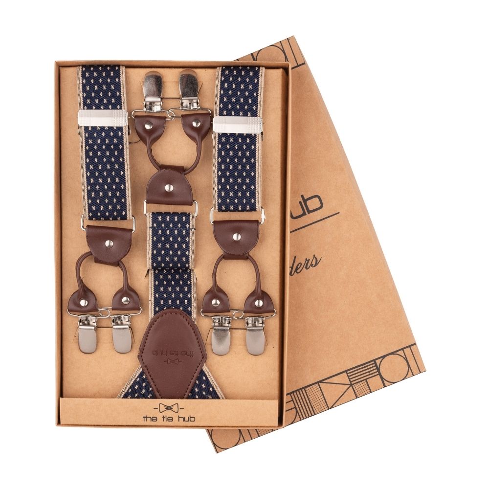 Navy Blue with Brown Y back Suspender with clipons